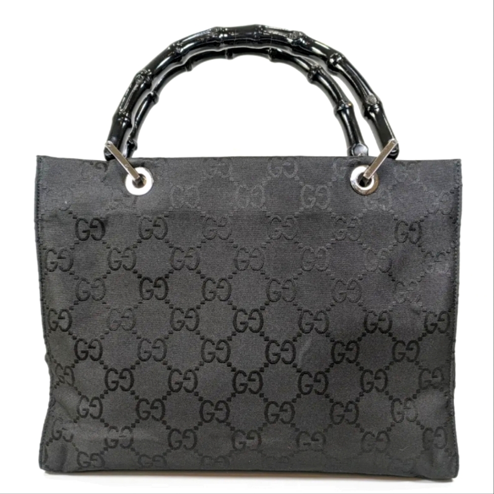 Gucci Gg Monogram Bamboo Handle Black Nylon Hand Bag!
